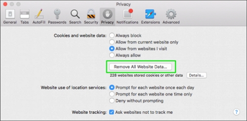 remove all website data on Safari