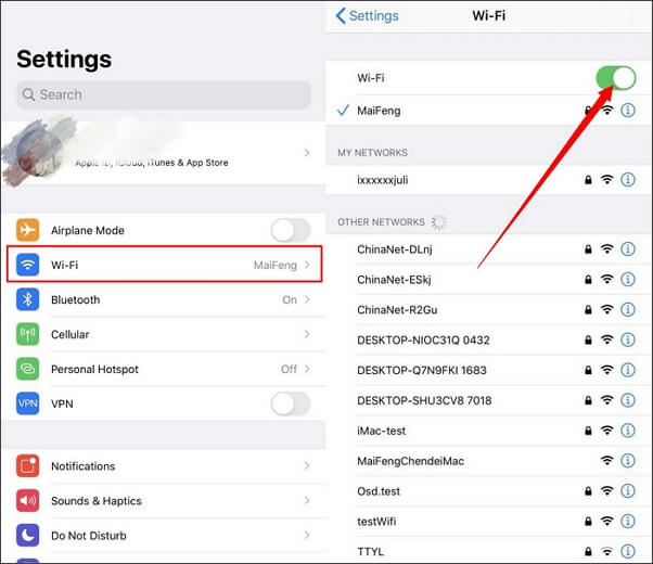 turn on and off wifi on iPhone settings