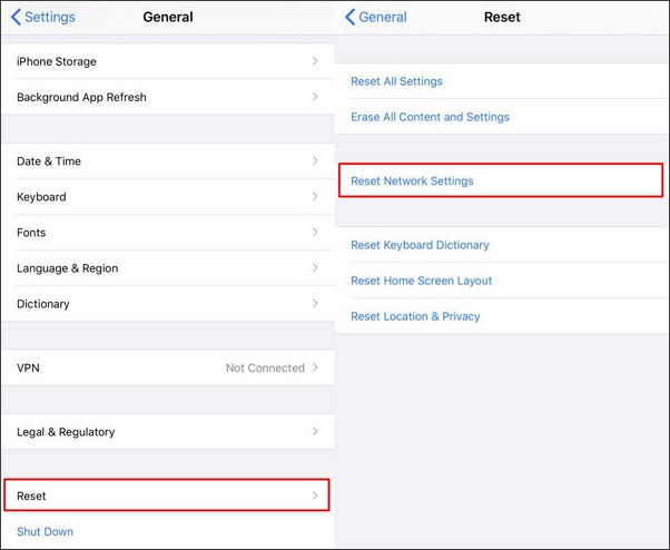 reset network settings on iPhone