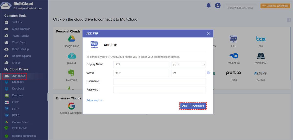 add the ftp to multcloud