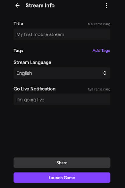 add your twitch streaming title