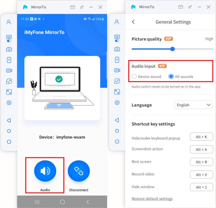 audio setting in mirrorto