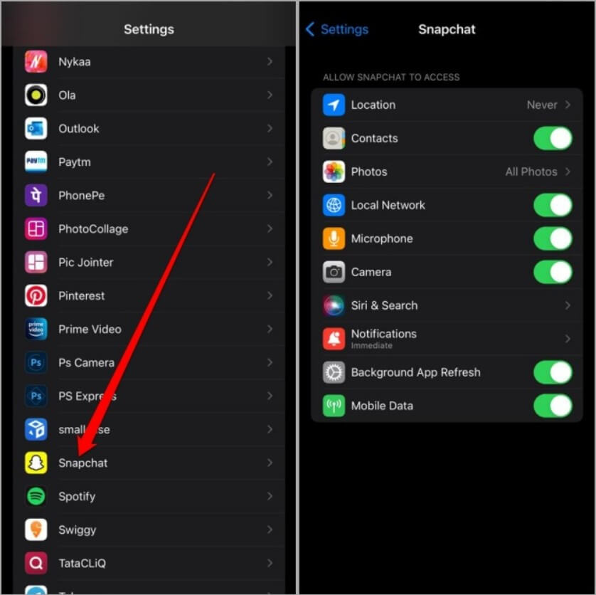 Change Snapchat Permissions ios