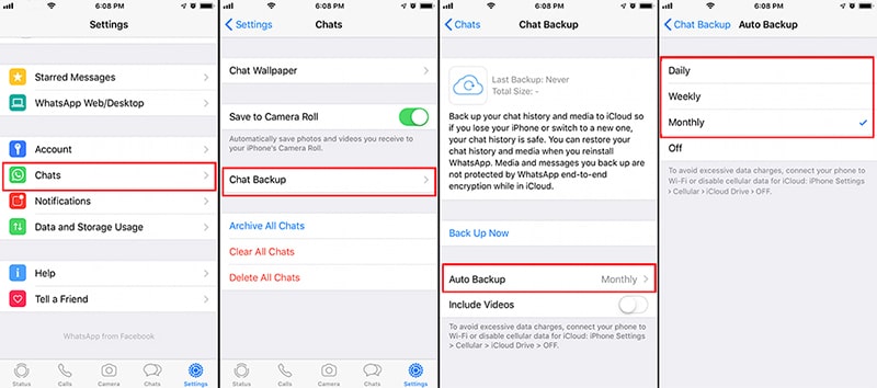 change whatsapp auto backup frequency iphone