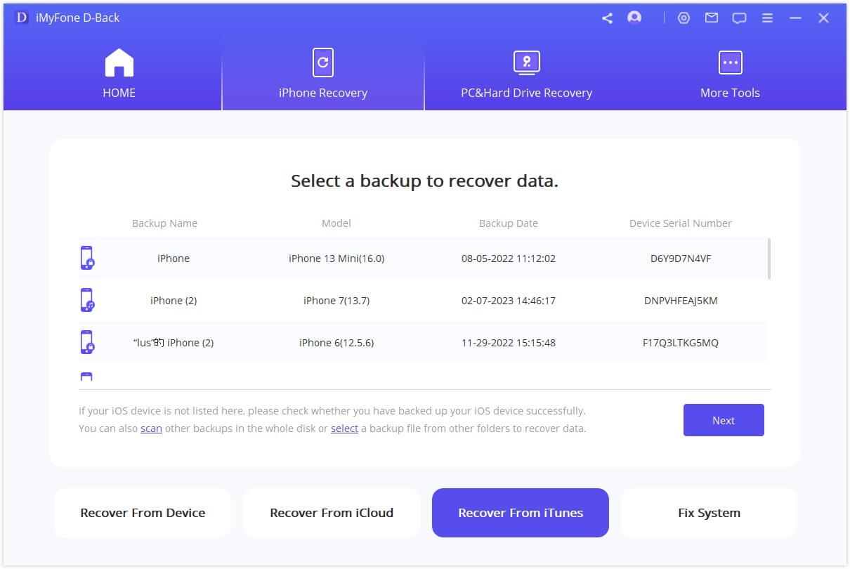 iMyFone D-Back Select iTunes Backup