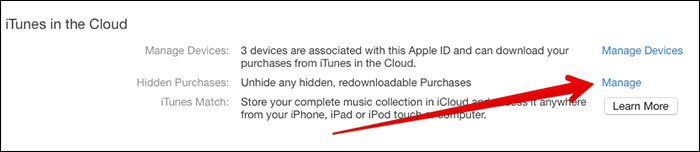 Click on Manage in Hidden Purchases in iTunes on Mac