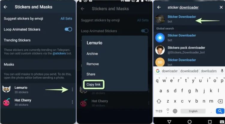 copy links of stickers on telegram
