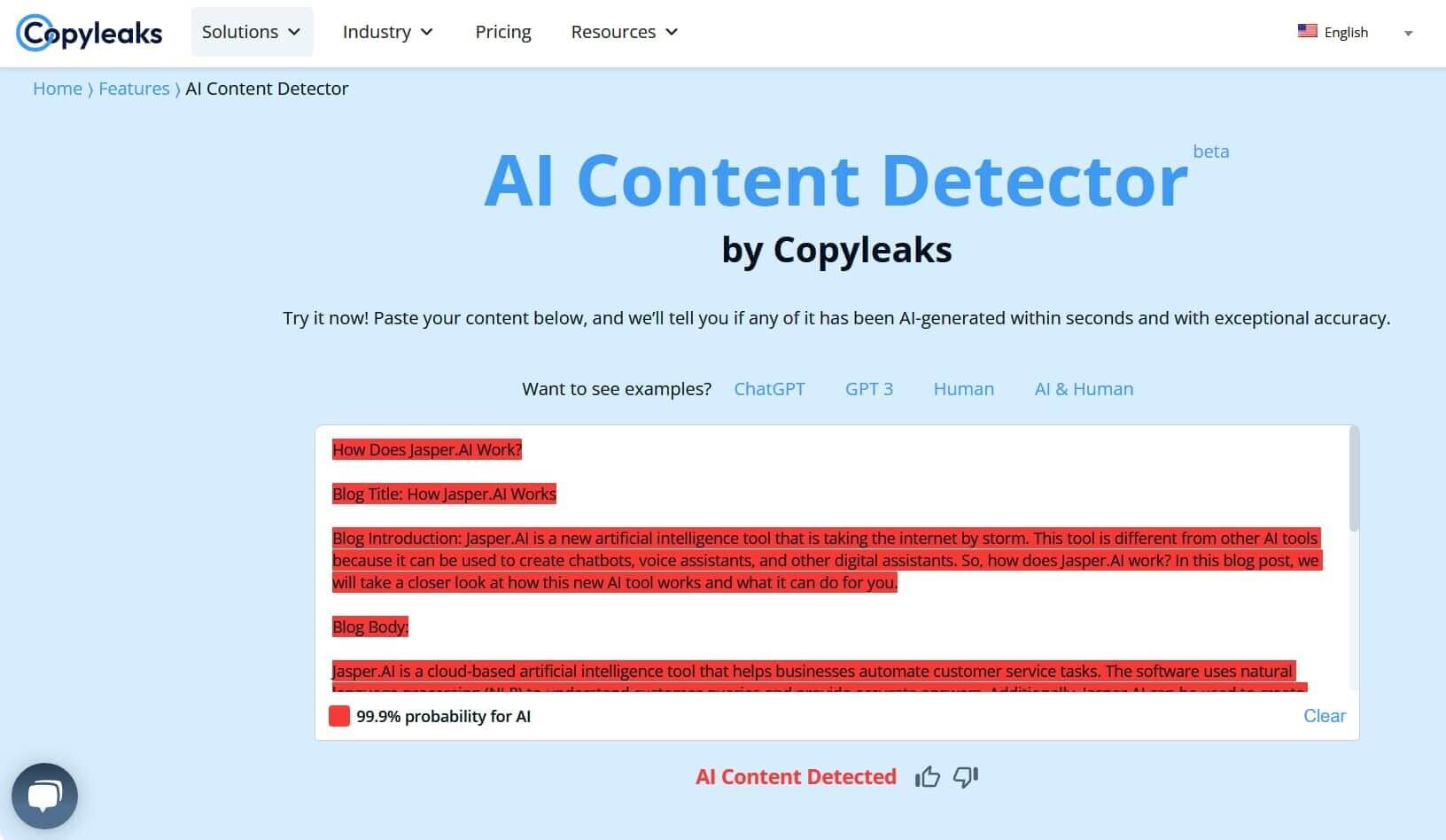 CopyLeaks AI content detector