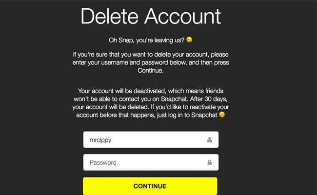 delete snapchat account