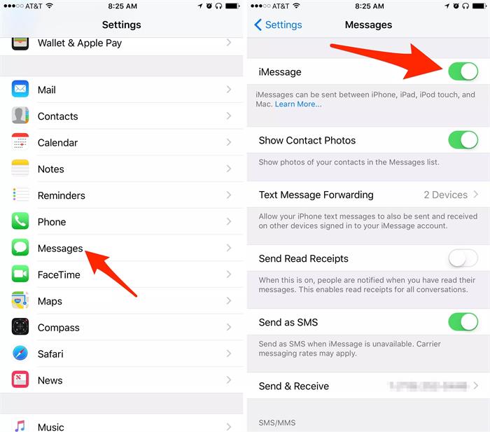 disable and enable imessage settings to fix iphone keeps asking for apple id password