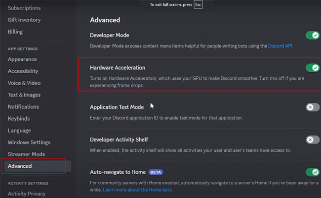 discord advance turn off hardware acceleration