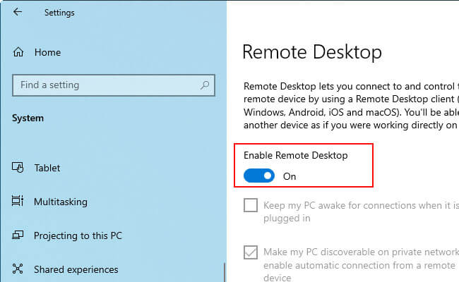 enable remote desktop on pc