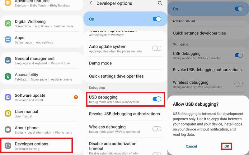 enable usb debugging in developer options