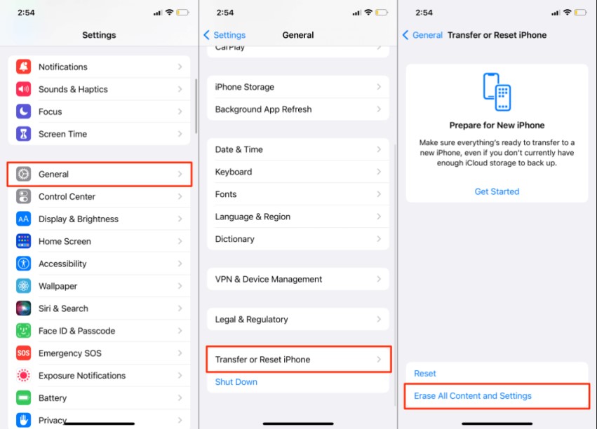 erase all content and settings