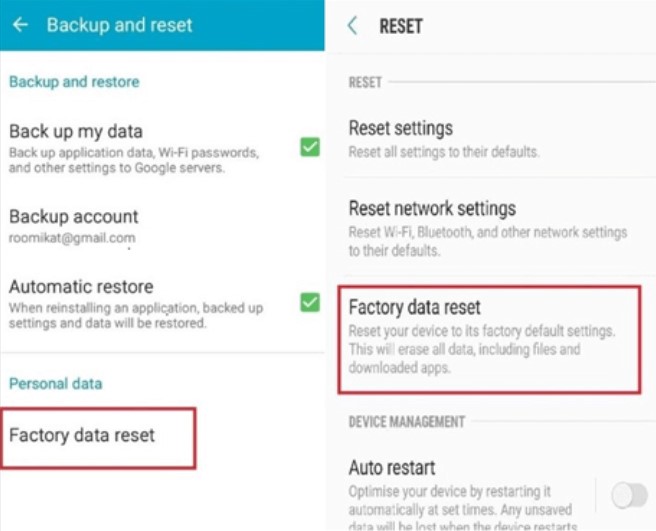 factory data reset on Android