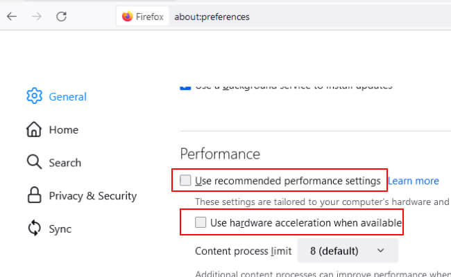 firefox settings performance uncheck