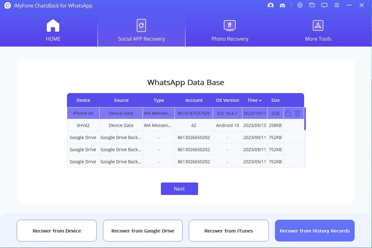 WhatsApp backup list from ChatsBack history records