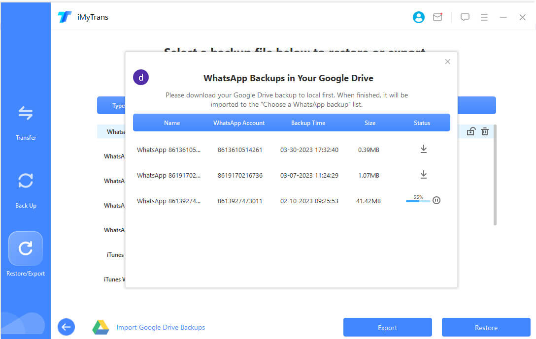 open google drive backup on imytrans