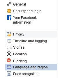 language and region settings of Facebook