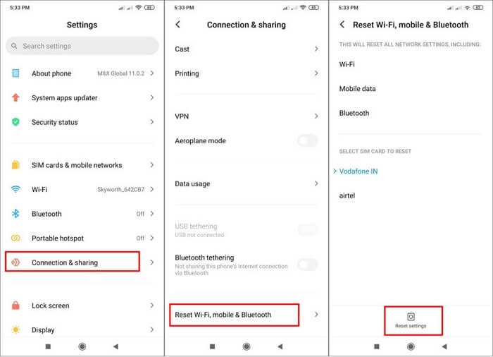 reset network settings on android