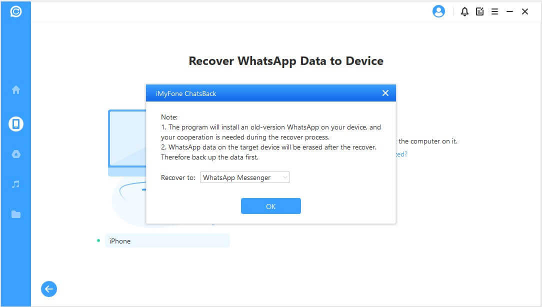 imyfone chatsback recover to device
