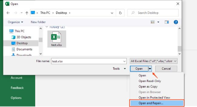open and repair the excel file