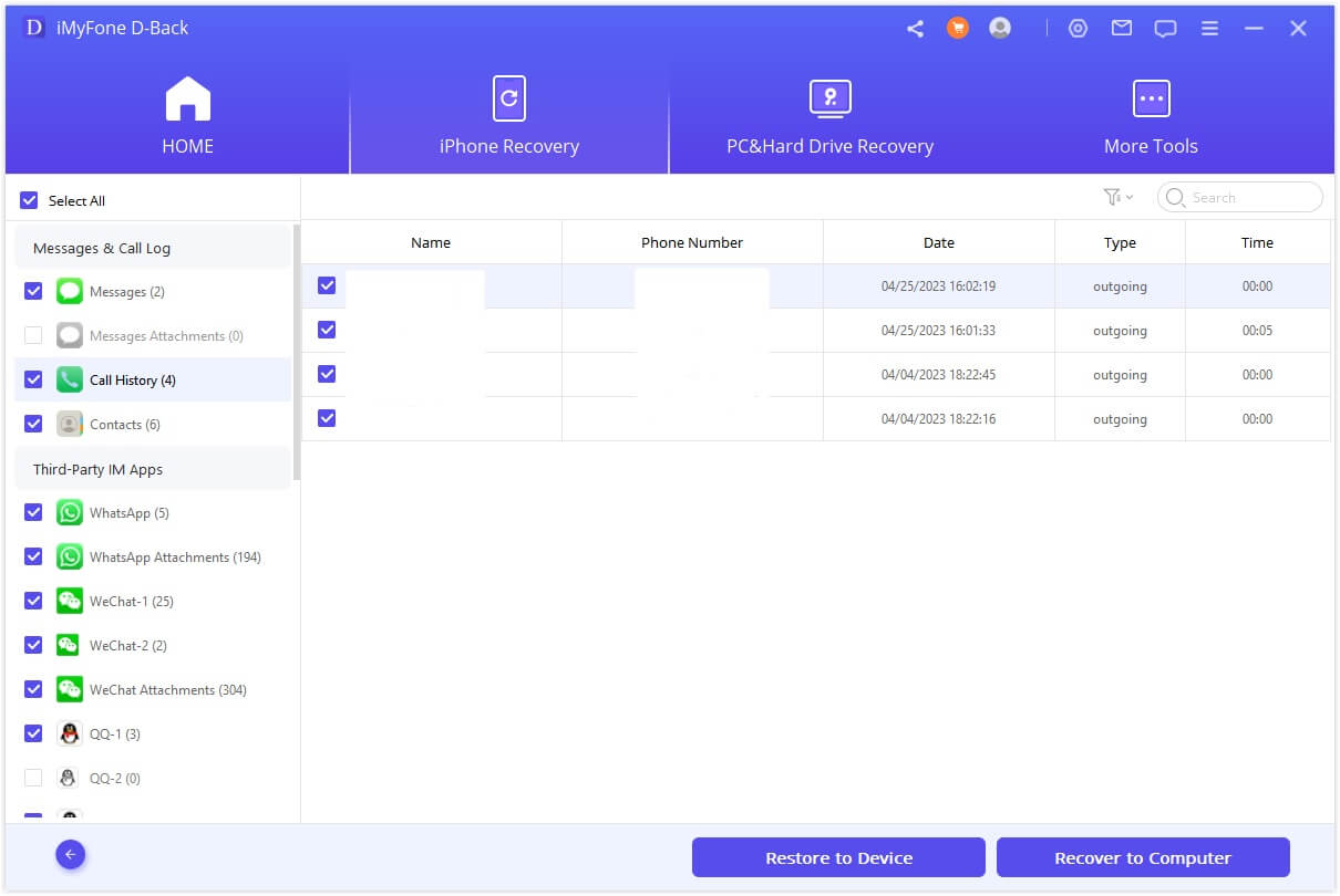 iMyFone D-Back recover call logs from iOS device