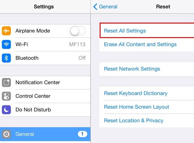 reset all settings ipad