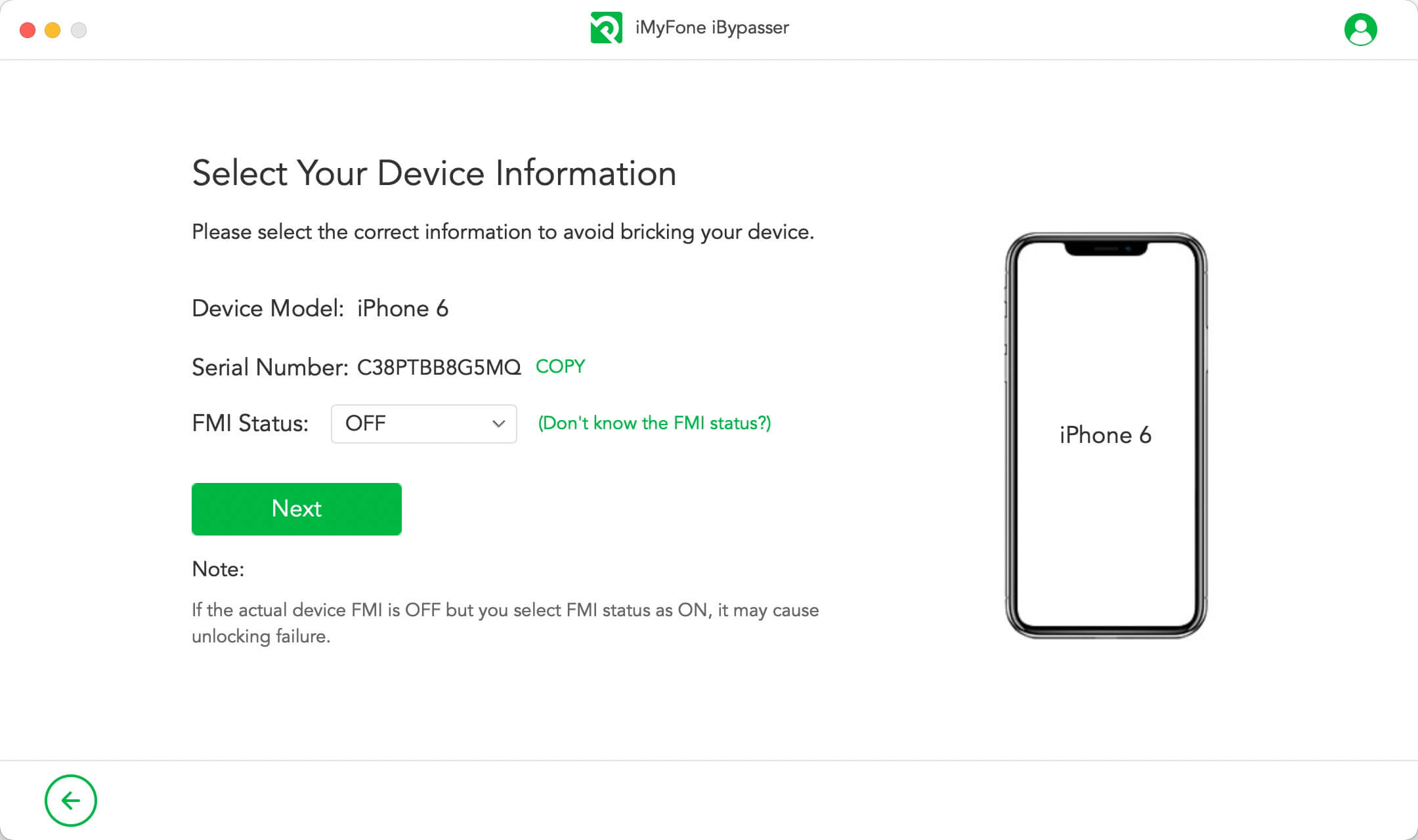 Select FMI status and iOS version