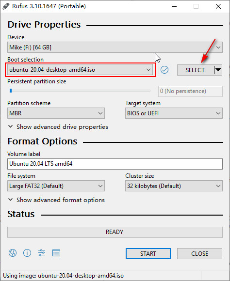 Select Ubuntu iso file and partition scheme