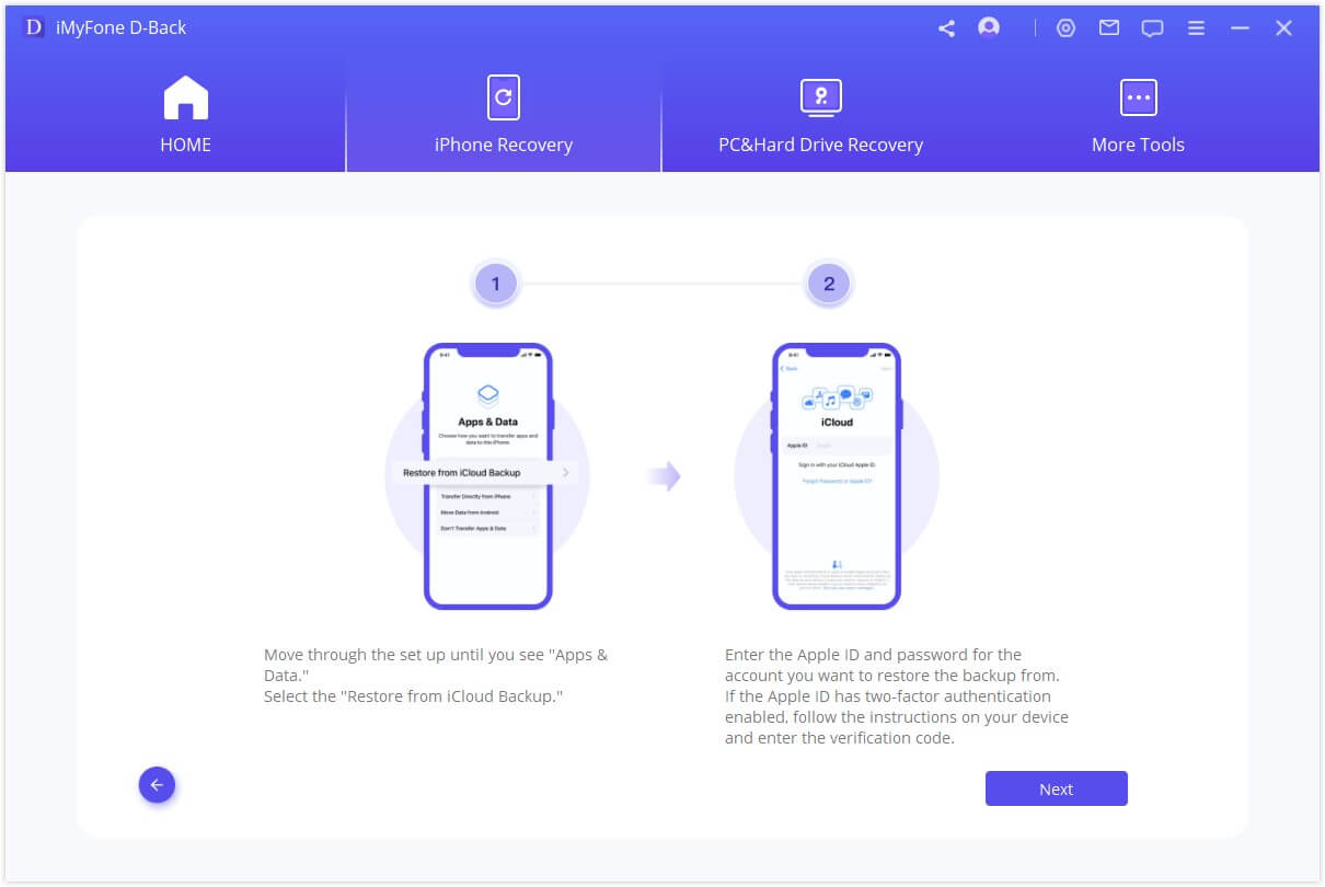 select recover from icloud backup option