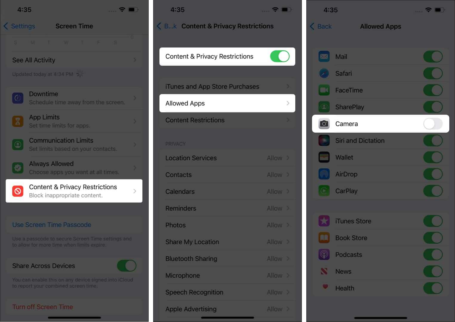 click content and privacy restrictions to remove camera from lock screen iphone