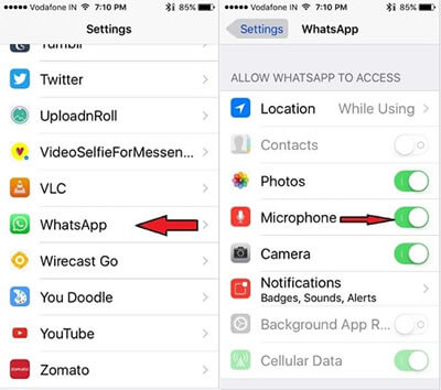 turn on whatsapp microphone setting on iphone