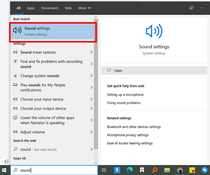 type sound on windows search bar