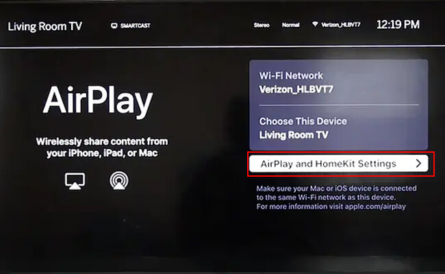 vizio airplay and homekit settings