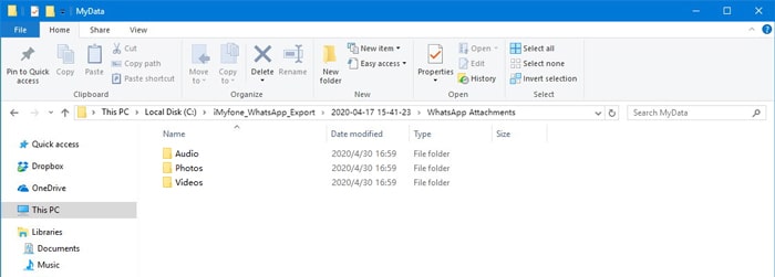 open whatsapp export folders on computer