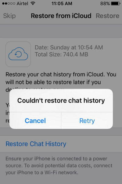 whatsapp icloud restore problem