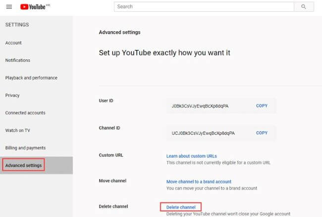 youtube choose delete channel