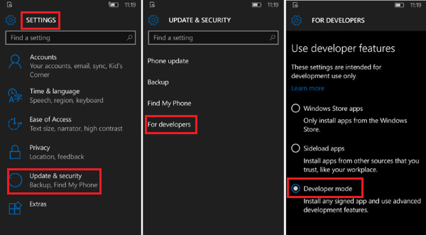 activate developer mode on windows phone