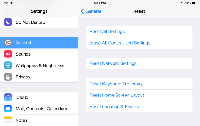 reset all settings ipad