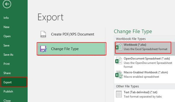 change excel file type