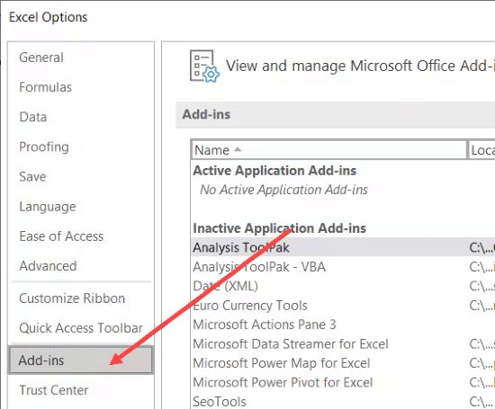 choose add ins excel