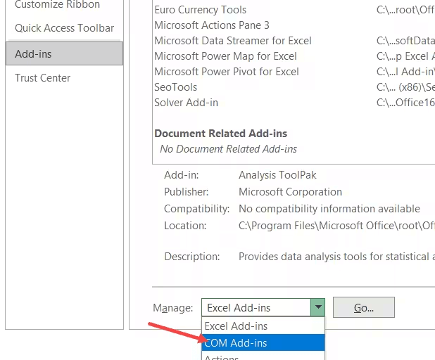 choose com add ins excel