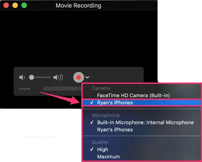 choose iphone in quicktime player
