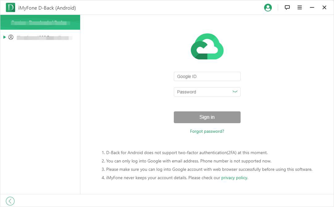 iMyFone D Back for Android sign in to gmail account