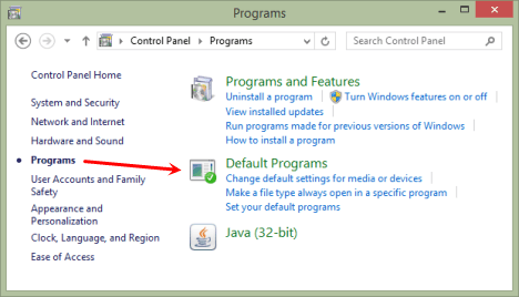 default programs in control panel