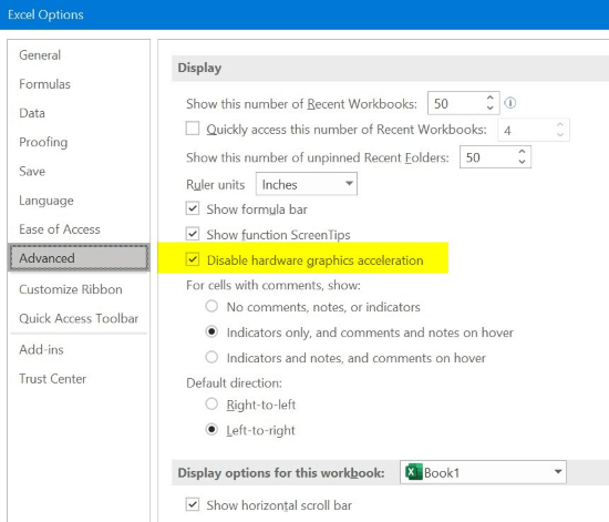 disable hardware graphics acceleration in excel