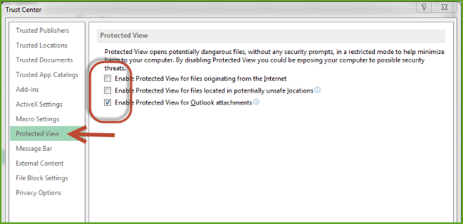 disable protected view in excel