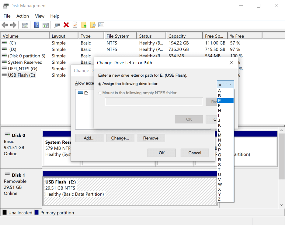 disk management change drive letter