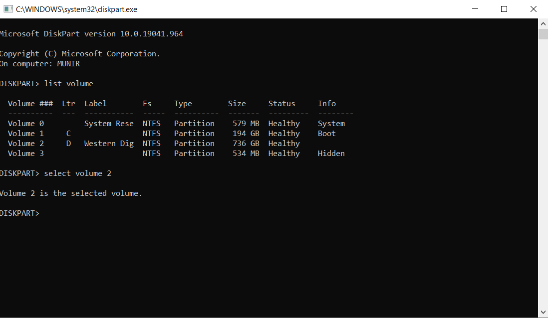 diskpart select volume